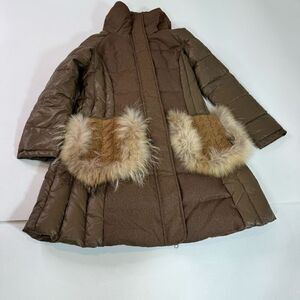 Artka Crazy in Life Coat Womens Medium Brown Tan Puffer Faux Fur Pockets Belt